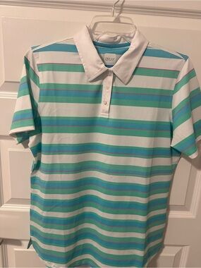 Active USA Ladies Striped Polo in White, Aqua & Teal with Pink Accent